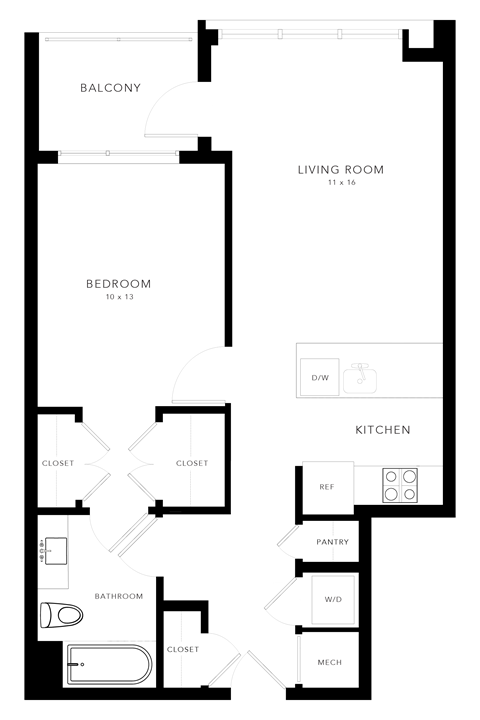 Floor plan for 1 bed, 1 bath, 636 sqft